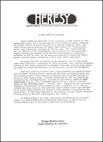 KIRK'S WORKS An Index Of The Art Of Tim Kirt Signed