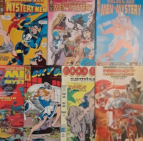 GOLDEN AGE MYSTERY MEN #1, GOLDEN AGE MEN OF MYSTERY #2-3, #15, SKY GAL #1, GOOD GIRL COMICS #18 & HERO & HEROINE DIRECTORY Plus Poster